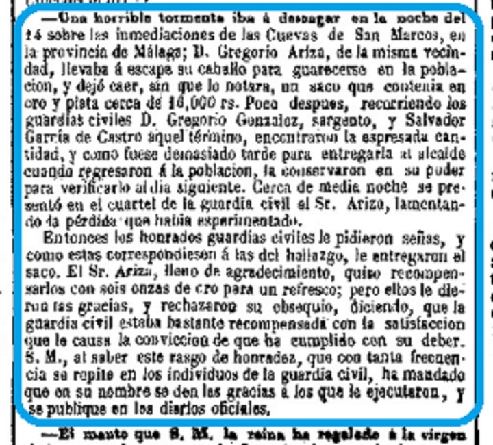1856 01 25 Guardia Civiles encuentran Bolsa Oro Ariza   La Epoca-001 Recote.jpg